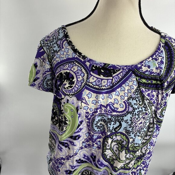 AB Studio Top Womens M Paisley Print Short Sleeve Blouse Elastic Hem - Picture 2 of 8